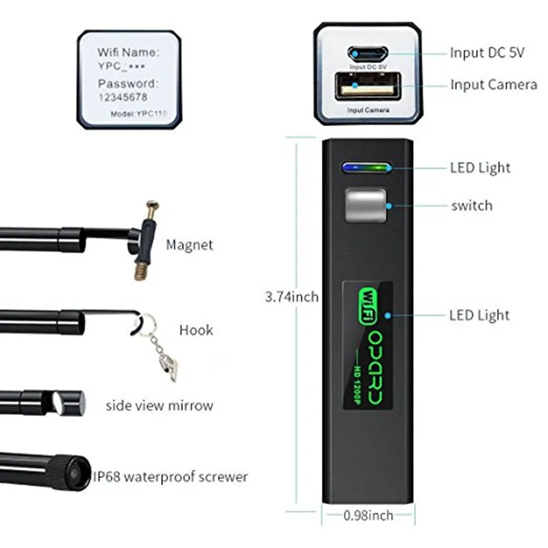 Android, ios Fotoaparat Brezžično Endoskop HD 1200P Wifi USB Borescope Nepremočljiva Pregledovalna Kamera Semi-rigid Prožni Kabel