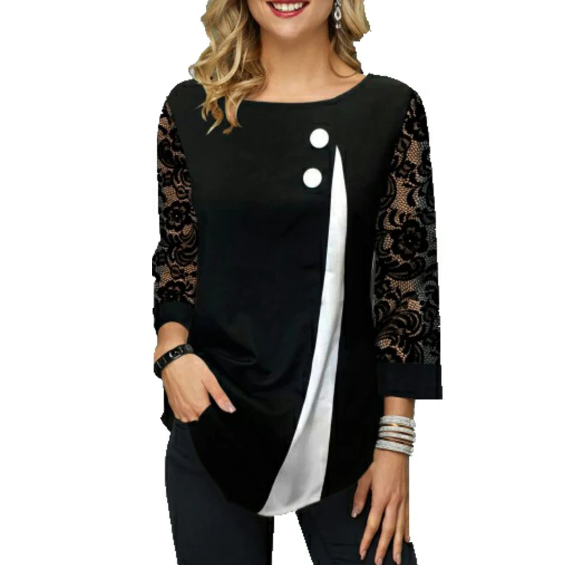 Ženske Bluzo Majica Solid Black Vrhovi O-Vratu Gumb Splice Očesa Čipke Devet Točk Rokav 2020 Jeseni Priložnostne Ohlapno Majico Plus Velikost