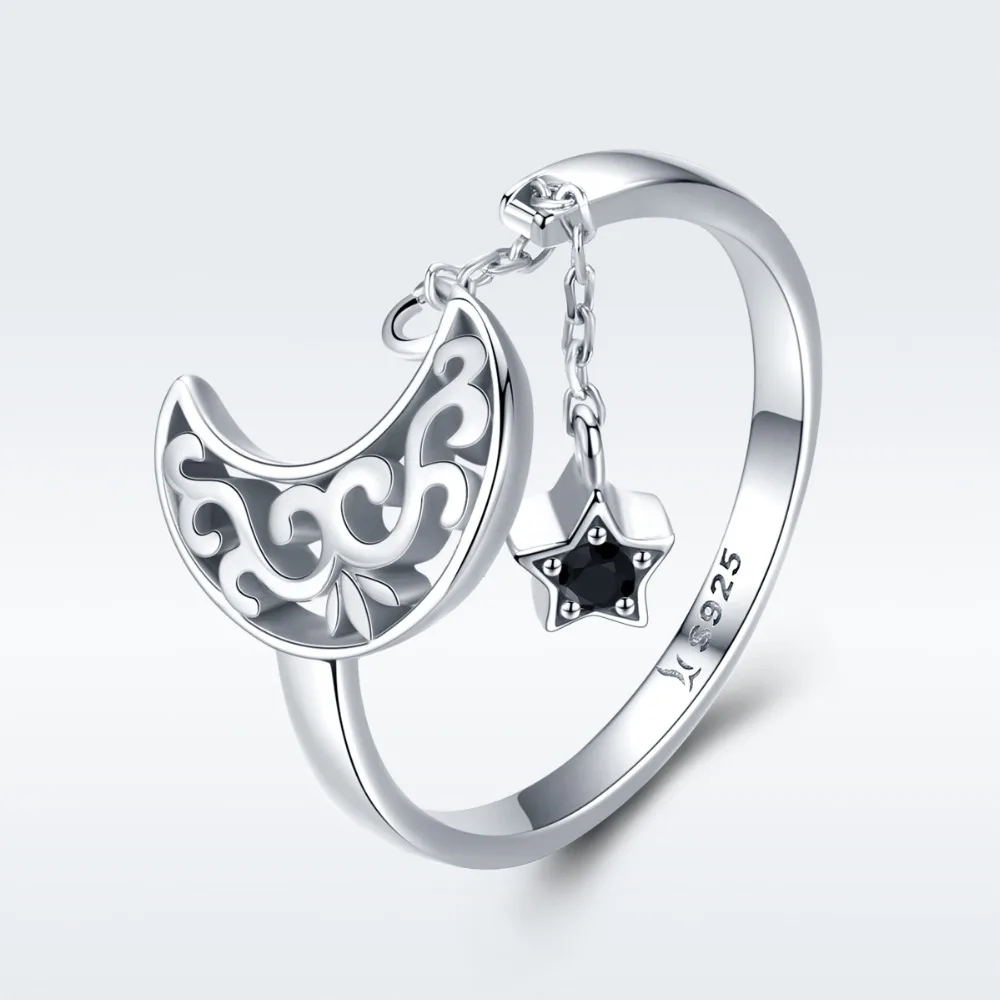Sterling srebro s925 Votlih luna star prstan, odpiranje nastavljiv prstan Pentagram black kubičnih cirkonij stranko poroko strani nakit Nova