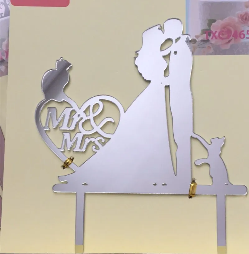 Črna Akril Poljubljanje Neveste in Ženina z 2 Mačke Poročna Torta Pokrivalo Mr & Mrs Toppers za Poročno Dekoracijo