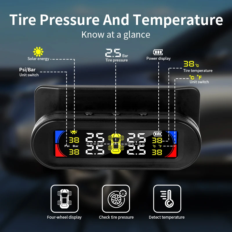 TPMS barve, velik zaslon brezžični tlaka v pnevmatikah alarm za temperaturo sistema za spremljanje solarno polnjenje IP67 nepremočljiva tpms senzorji