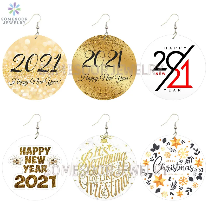 SOMESOOR Srečno Novo Leto 2021 Zlati Barvi Natisnjene Lesene Spusti Uhani Letnik Božično Modelov Zank Visijo Za Ženske, Darila