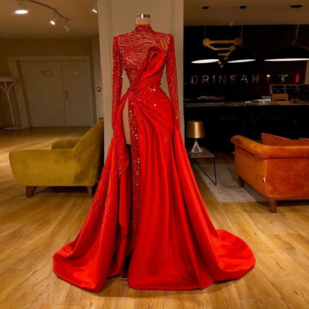 2020 Bleščeče Rdeče Večerne Obleke Visoko Stegno Režejo Visok Ovratnik Ruched Beading Maturantski Halje Tiste Formalne haljo de soiree