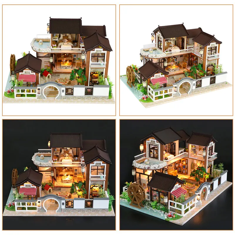 Miniaturni Dvorišče Lutke Pohištvo Kompleti DIY Lesene Lutke Hiša LED Luči Puzzle Igrača za Otroke Božič, Rojstni dan Darila