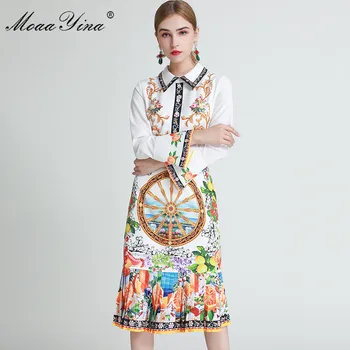 MoaaYina Modni Oblikovalec obleko Pomlad Jesen Žensk Obleko z Dolgimi rokavi limonin sadje Cvjetnim Natisni Slim Počitnice Obleke