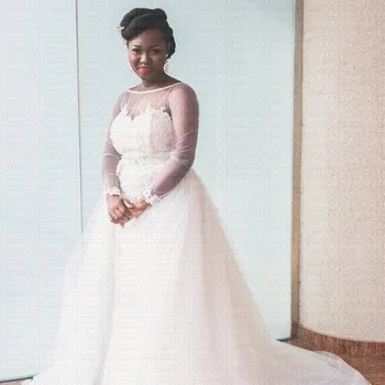 2019 Državi Poročne Obleke s Snemljivo Vlak Poročno Obleko, 2 V 1 Iluzijo Dolgimi Rokavi Odpiranje Nazaj Afriške Poročne Oblek