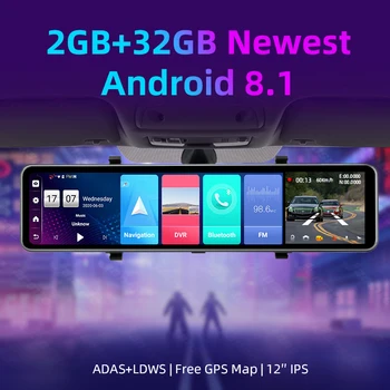 Jansite 12 inch Android Ogledalo Avto Dash Fotoaparat, DVR Rearview Mirror 2G+32 G IPS 4G internet ADAS Navigacijo GPS, WI-FI, Bluetooth