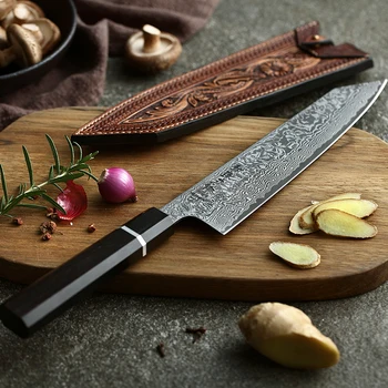 HEZHEN 8 inch Kiritsuke Kuhar Japonski Noži Visoko vsebnostjo Ogljika Damask iz Nerjavečega Jekla Santoku Noži Ebony Lesa+Buffalo Rog Ročaj