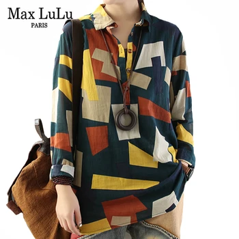 Max LuLu Korejski Modni Oblikovalec Oblačila Ženska Letnik Vrhovi Gospe Priložnostne Kariran Majice Ženske Natisnjeni Svoboden Bluze Plus Velikost