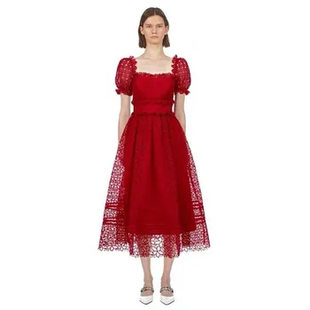 Novo Leto 2020, Poleti Rdeče Čipke Moda Dolgo Midi Obleka Ženske Puff Rokav Kvačkanje Votlih Iz Cvetlični Princesa Stranka Dresse