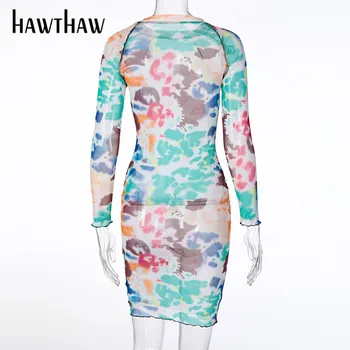 Hawthaw Ženske Jeseni, Pozimi Dolg Rokav Glej Po Tiskanih Bodycon Paket Hip Mini Kratko Obleko 2020 Sodijo Oblačila Ulične