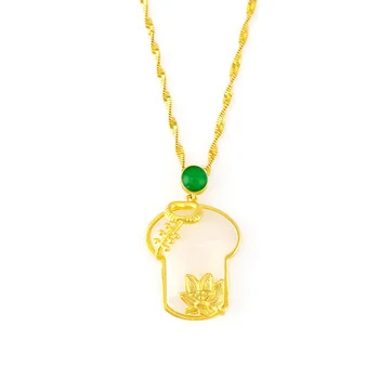 Korejski 24K Gold Veriga Ogrlico, Obesek za Ženske Gemstone Nakit Chalcedony Oblačila Green Jade Kamen Clavicle Ogrlica Darila