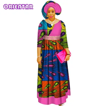 Priložnostne Afriške Obleke za Ženske Afriške Tiskanja Haljo Africaine Visoko Pasu Ankara Obleke z Headtie Afriška Oblačila WY3435