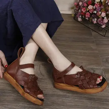 Johnature Pravega Usnja Platformo Sandale Za Pomlad Poletje Retro Kavljem & Zanke Ženske Čevlje Priložnostne Šivanje Vezavi Dame Sandali