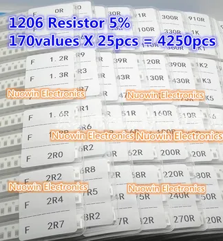 SMD 1206 Upor Vzorec Knjiga, 5% Odstopanja 170valuesx25pcs=4250pcs Upor Kit 0R~10M 0R-10M