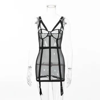 Black ženske seksi votlih vidika špageti trak prosojno obleko vidijo skozi obleko mini obleka 2019 padec kombinacija obleko