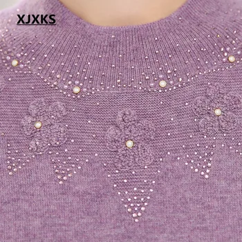 XJXKS Ženske turtleneck pulover 2018 jeseni, pozimi nov modni diamant svoboden velikosti high-end ženske kašmir pulover puloverju