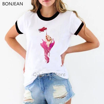 Vogue akvarel Roza lak print majica s kratkimi rokavi ženske poletje moda 90. letih bela majica femme harajuku majica vrhovi padec ladijskega prometa
