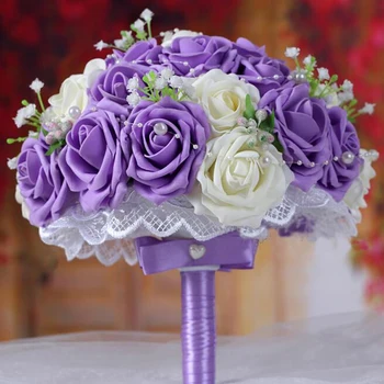 Lepa Rose Cvet Poročni Šopek z Biseri Bela, Roza, Vijolična Coral Red Burgundija Poročne Družico Šopek de mariage