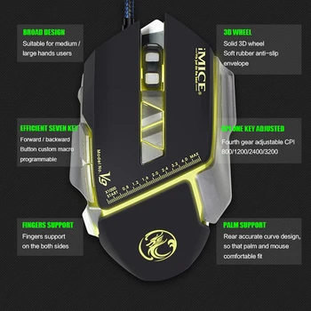 USB Žična Igralne Miške po Meri 3200 CPI Optična Miška 7 Gumbi nadzorovati Pisane Dihanje LED Miško Igralec Za Prenosni RAČUNALNIK