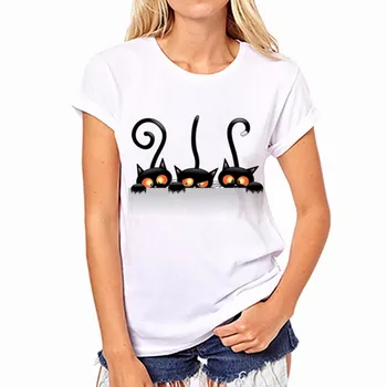 Poletje Nove Modne Ženske Priložnostne O-Neck Majica s kratkimi rokavi Vrhovi Camisas s Smešno Mačka Tiskanja in Kratek Rokav