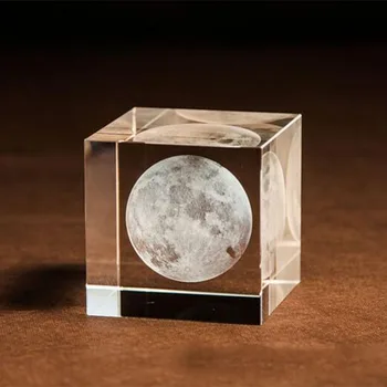 Kristalno 3D Lasersko Vgravirana Luna Figur Steklena Kocka Okraski Doma Namizno Dekoracijo Obrti obtežilnik za papir Astronomije Darilo