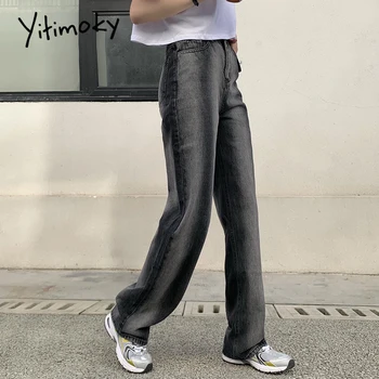 Yitimoky širok noge jeans ženska črna visok pas, jeans mozaik naravnost traper hlače ulične svoboden priložnostne oversize hlače