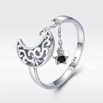 Sterling srebro s925 Votlih luna star prstan, odpiranje nastavljiv prstan Pentagram black kubičnih cirkonij stranko poroko strani nakit Nova