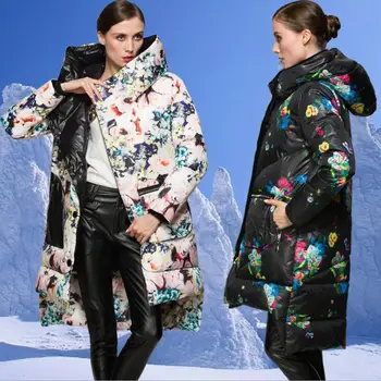 S-2XL 90% raca navzdol plašč modne blagovne znamke hooded Asimetrične, dolge navzdol jakna ženske natisnjeni Slim debelejši topel plašč wj2713