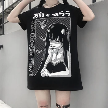 Dvo-Dimenzionalni Bat Vampir T-Shirt Temno Študent Japonski Plesti Vrhovi Tee Ženski Goth Punk Rock Ženske Oblačila