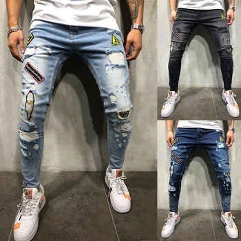 Moda Nov Moški luknjo značko vezenje traper hlače hlače za Moške ulične hiphop suh Casual Kavbojke Obliž
