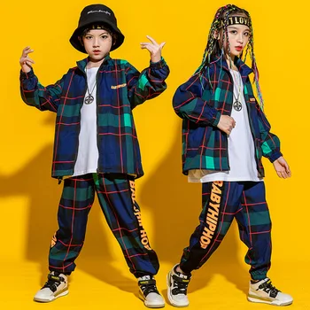 Otroci in Modnih Hip Hop Oblačila Prevelik Rokavi Top Karirasti Ulične Hlače za Dekleta Boy Jazz Ples Kostum Set Oblačila