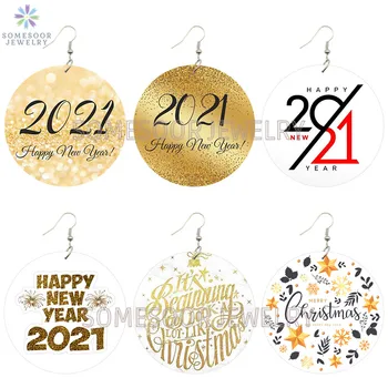 SOMESOOR Srečno Novo Leto 2021 Zlati Barvi Natisnjene Lesene Spusti Uhani Letnik Božično Modelov Zank Visijo Za Ženske, Darila