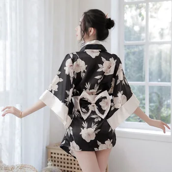 Globoko V-neck Saten Svila Nightdress za Ženske Japonski Kimono Yukata Sleepwear Svoboden Slog Kopalno Haljo spodnje Perilo, Pižame Cvetlični