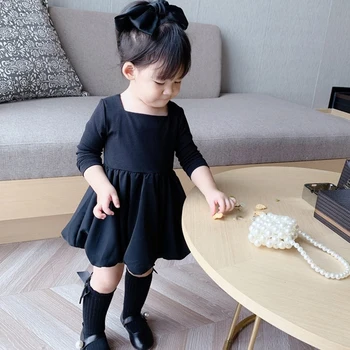 Dekleta Obleko Jeseni, Pozimi Korejskem Slogu Baby Otroci Obleko Kvadratnih Vratu Black Stranka Obleko Srčkan Otrok Oblačila Princesa Obleko