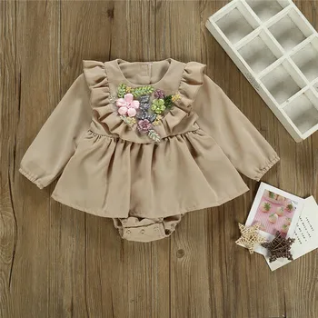 Moda Newborn Baby Dekleta Ruffle Igralne Obleke Z Dolgimi Rokavi Skirted Cvet Natisnjeni Jumpsuit Playsuits Obleko Pomlad Jesen Oblačila