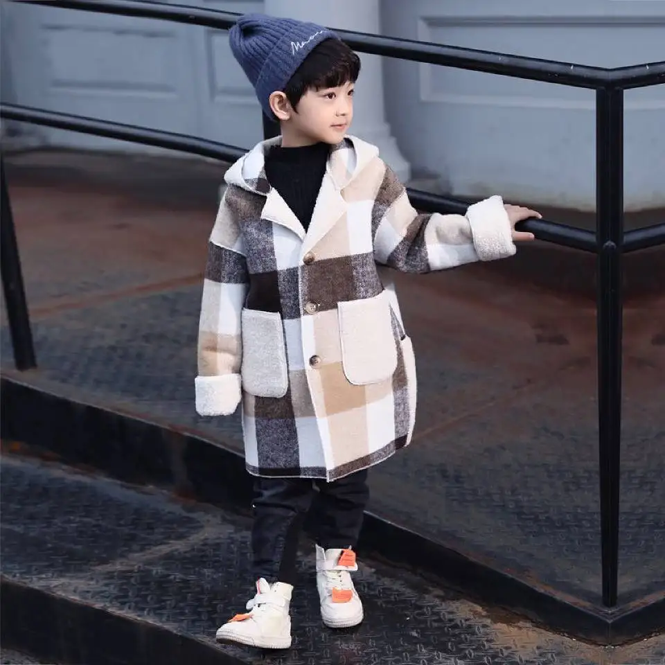 Moda Novo Otrok Fantje Hooded Jopiči Plašč 2020 Nove Jesensko Zimske Kariran Vrhnjih Oblačil 2 Barve Baby Boy Coats Starost Za 2-13 Let