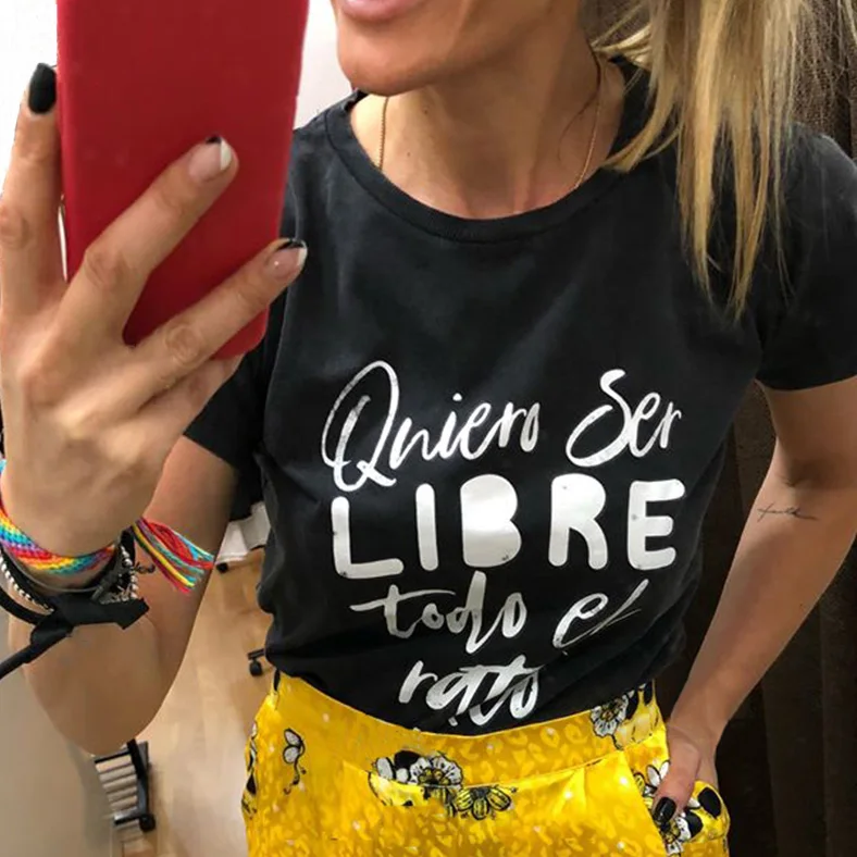 Želim Brezplačno Ves Čas Moda Harajuku Španski Pismo Tiskanja Tees Ženske Poletje Ulzzang T Shirt Ulične Vrhovi