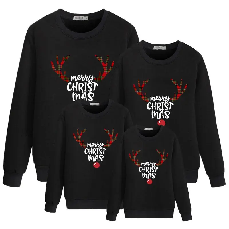 Družinski božič puloverji oče, mati, hči, sin ujemanja obleke videz novo leto otroci hoodies jelena tiskanja srčkan oblačila bombaž