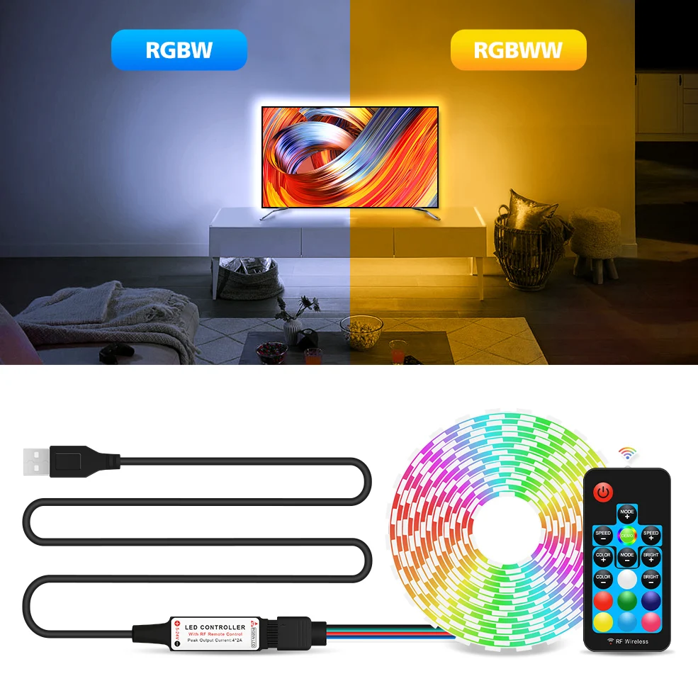 2021 USB LED Trak Svetlobe 5050 RGBW RGBWW RF Daljinski upravljalnik 50 CM 1M 2M 3M 4M za PC TV Osvetlitev Ozadja, Prilagodljive luči 5
