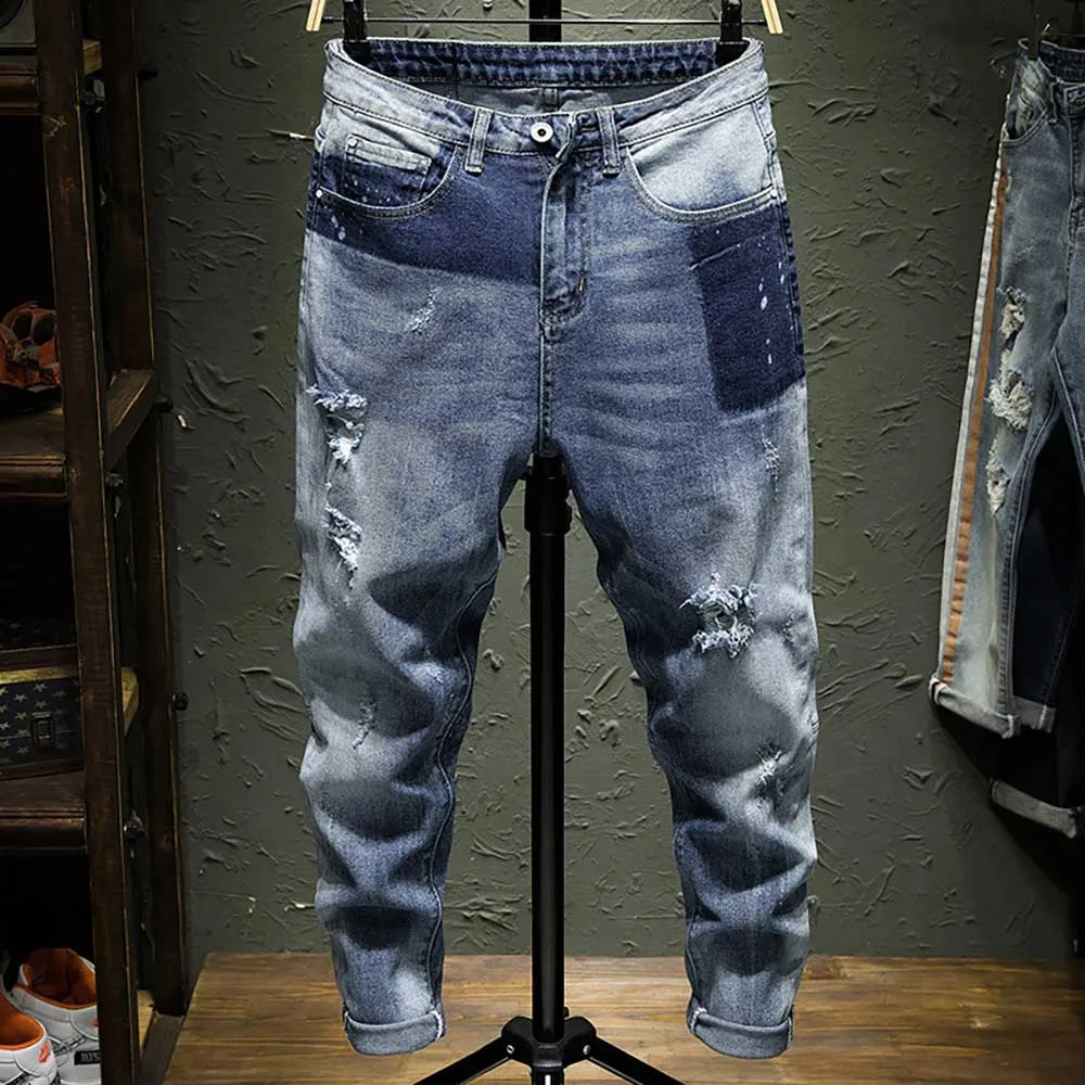 Korejski Moda Priložnostne Slim Ripped Kavbojke Moški Skinny Jeans Gleženj-Dolžina Ulične Stiski Traper Jeans Hlače Moška Oblačila