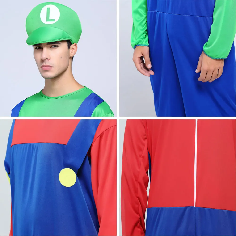 Odraslih Moških Super Mario Luigi Bratje Kostum Cosplay Jumpsuit Klobuk Halloween Party Karneval Pustna Fancy Oblačenja