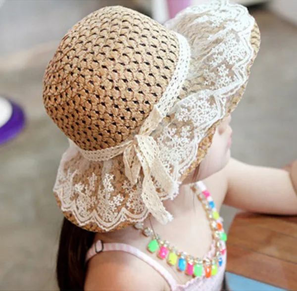 Poletje baby dekleta priložnostne slamnati klobuk za zaščito pred Soncem skp Elegantno Odraslih žensk, otrok Čipke cvetlični Vedro klobuk Panama gorros