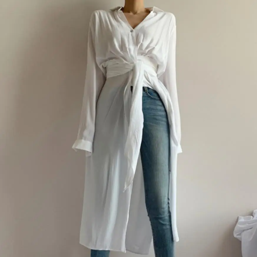 Nepravilna mid-dolžina bela split majice ženske tanke kolena-dolžina dolgo bluzo