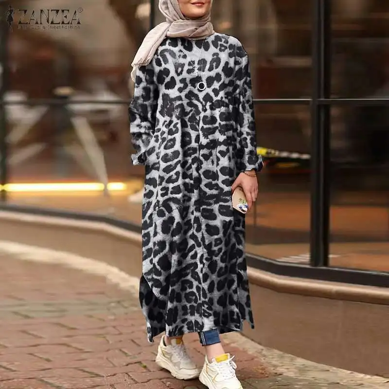 Moda Leopard Tiskana Obleka Ženske Jeseni Sundress ZANZEA 2021 Priložnostne Dolg Rokav Muslimanskih Vestidos Ženski Split Haljo Plus Velikost