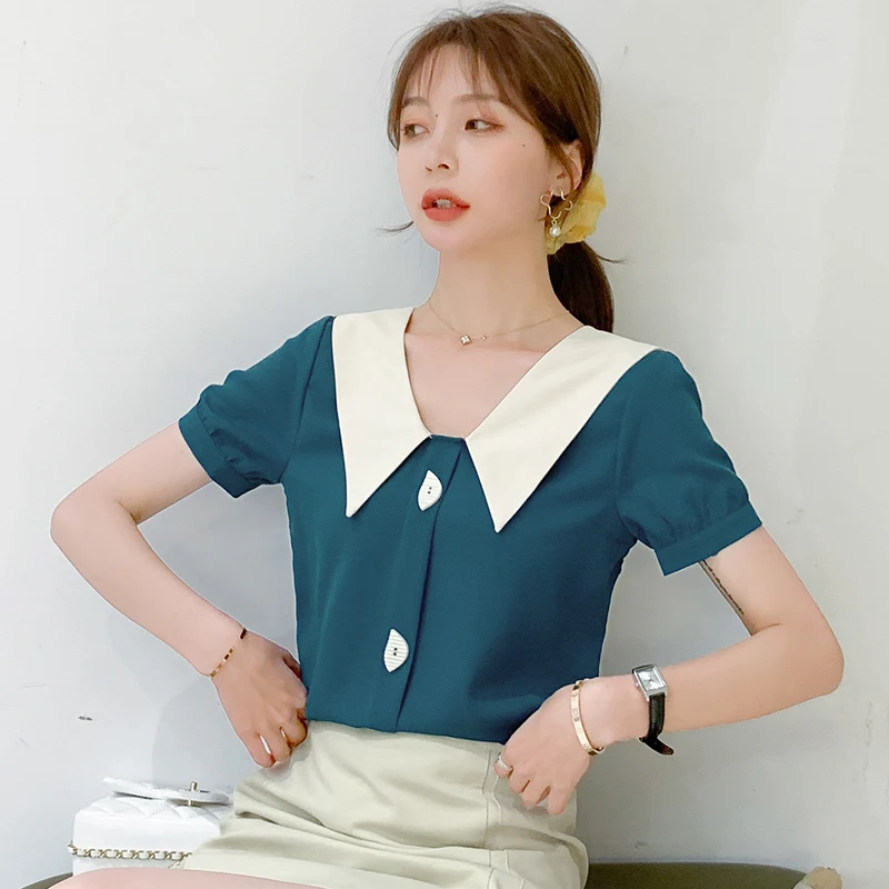 2021 Barva Preplete Korejski Kratek Rokav Šifon Bluzo Ženske Blusas Mujer De Moda Sladko Dame Vrhovi Oblačila 9094 50