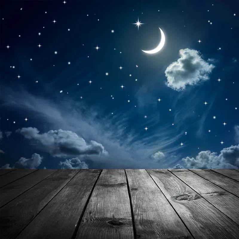 Vinil Fotografija Ozadje Luna in Lesena Tla Mornarsko Modra Zvezdnato Nebo Night Scene Otrok Kulise za Foto Studio F-2748