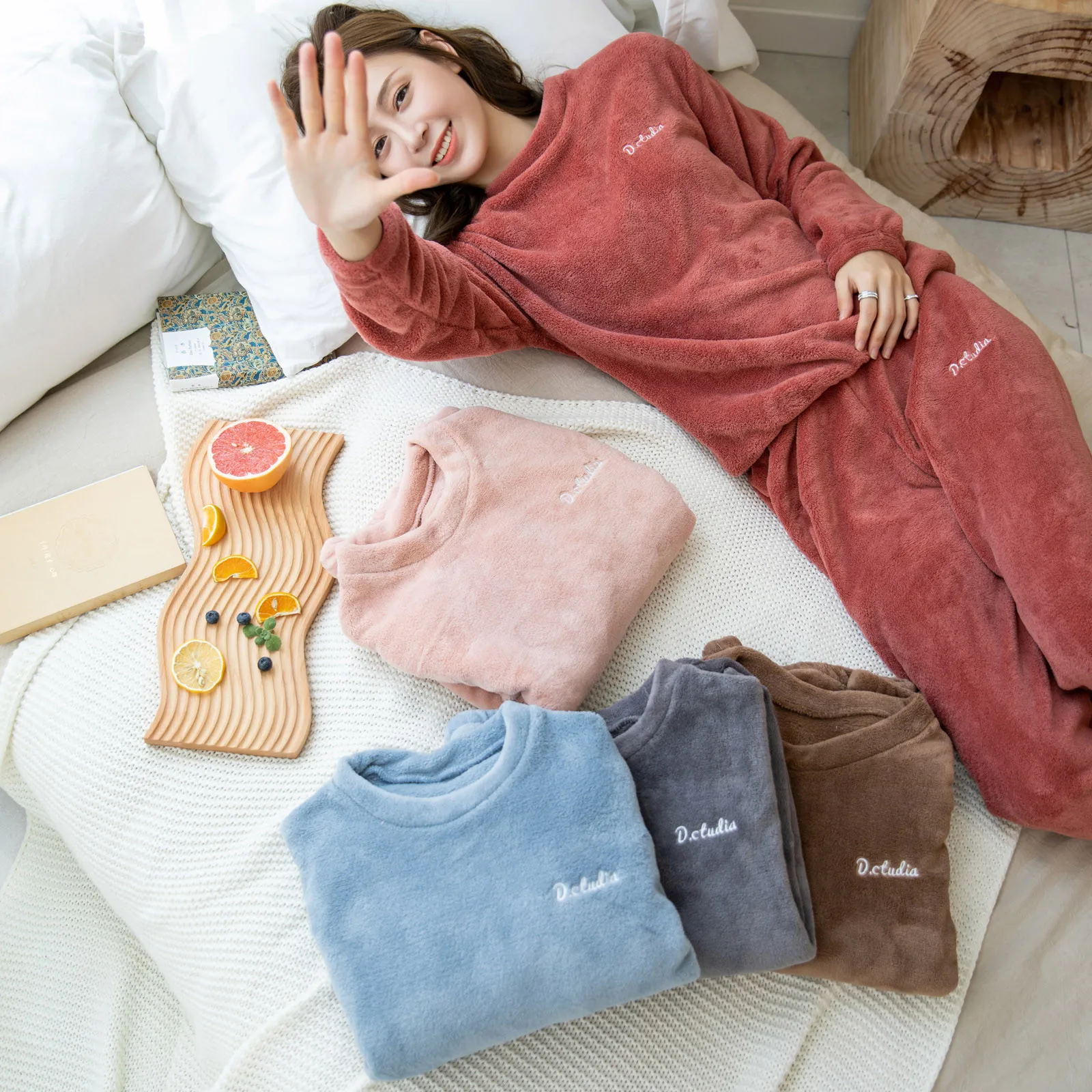 Jeseni, Pozimi Sleepwear Tople Pižame Koralni Žamet Toplo Dolg Rokav Nastavite Flanela Sleepwear Moda Saten Mehki Pliš Tople Pižame