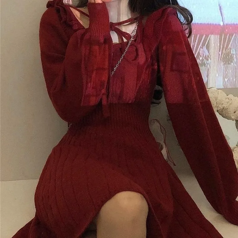 Sladko Pleteno Obleko Ženske Zimske Elegantno Kawaii Mini Obleka Ženska Japonski Slog Korejska Stranka Obleko Božične Obleke, Ženske 2021