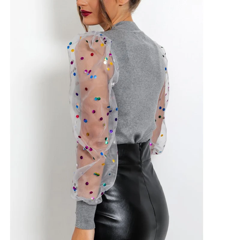 2020 Ženske T-Shirt Ženski Sequined Dolgo Puff Rokav Elegantne Dame Pomlad Jesen Priložnostne Vrhovi Pregleden Način Oblačila